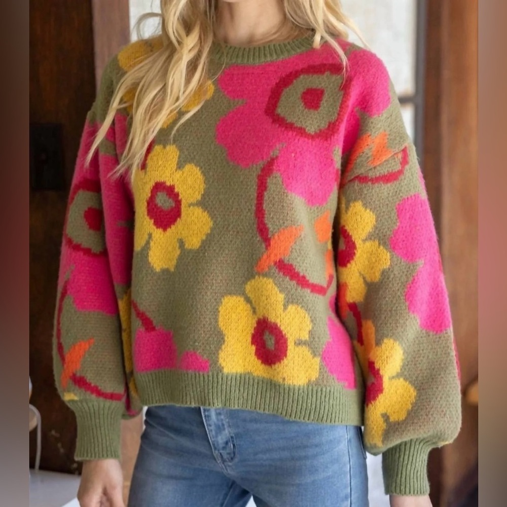 NWT Voy Avara Olive Floral Knit Balloon Sleeve Sweater Size Medium